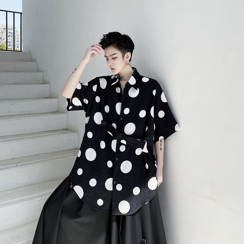 IEFB/desgaste de los hombres Bandage Polka Dot impresión ropa de algodón camiseta de manga corta para hombre verano cómodos tops 9Y1713: black / XL