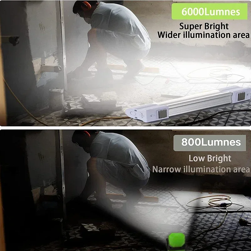 Oplaadbare noodlamp met 30w/60w/120w led-buizen en magnetische aantrekkingskracht, 6000 lumen, geschikt voor kamperen, werk, dimmen en als kastlamp.
