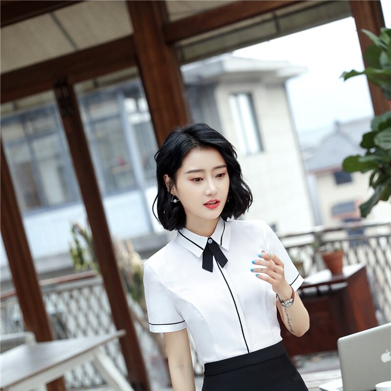 Blouses With Tie Formal Uniform Styles Summer Short Sleeve Blouse For Women Office Work Wear Tops Clothes Shirts