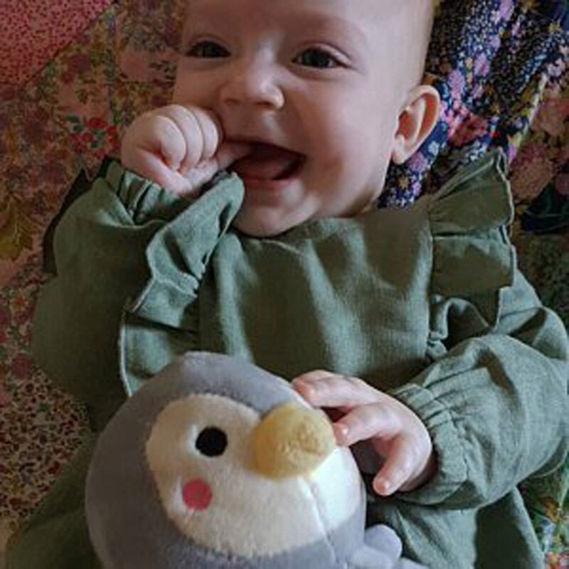 Herbstlicher babybody für mädchen und jungen, rüschen, rundhalsausschnitt, lange ärmel, leinen-baumwolle, Overall für neugeborene