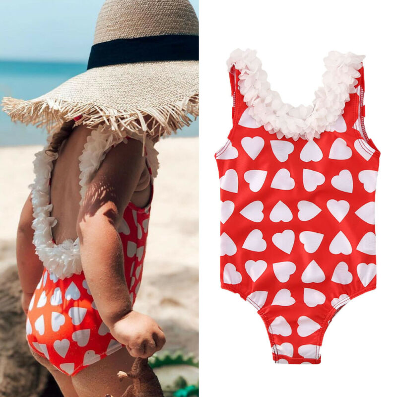 Valentine’s Toddler Love Heart Bathing Suit Kid Girl Baby Kids Heart Prints Bikini Swimwear One-piece Swimsuit 0-5Y