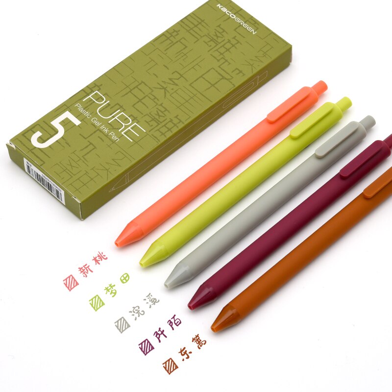Kaco 5 stk ren plast gel blæk penne sæt multi farve retro tegning liner markør kacogreen papirvarer kontor skole  f696: Frisk sæt