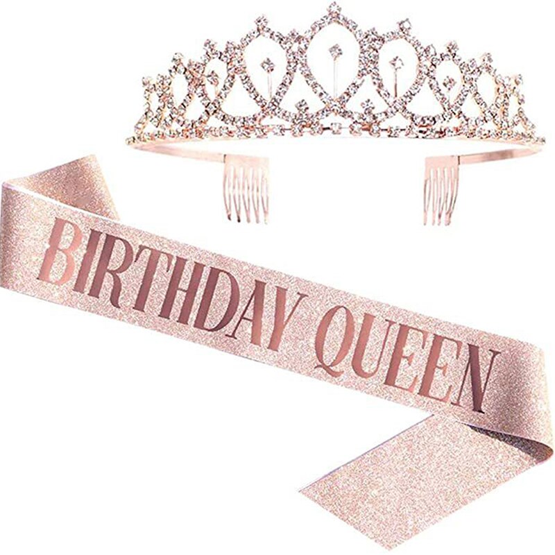 Bling Rhinestone Crystal Crown Tiara Birthday Anniversary Decoration Happy 18 21 30 40 50th Birthday Satin Sash Party Supplies