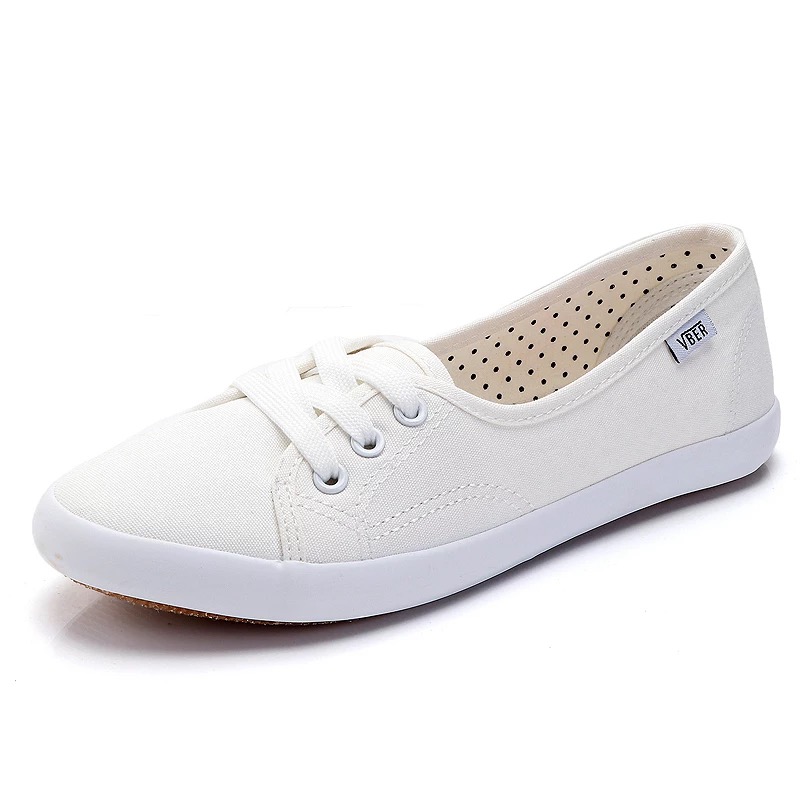 Dam snörning canvas platt höst loafers kvinnlig andas solid bekväma lata skor dam sneakers fritidsskor: Vit / 35