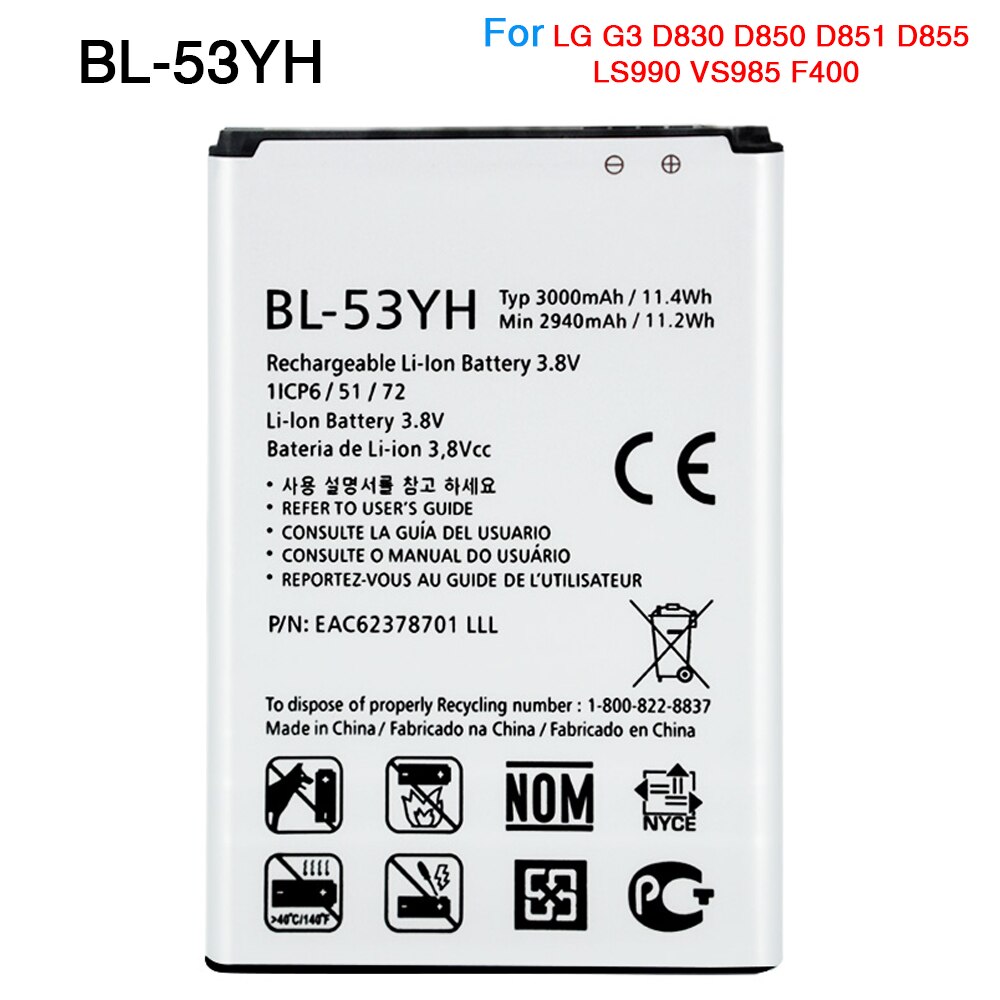 OHD Original Phone Battery For LG G3 G4 G5 G6 G7 V20 K10 LTE BL-53YH BL-51YF BL-42D1F BL-45A1H BL-44E1F BL-T32 BL-T39: For LG G3