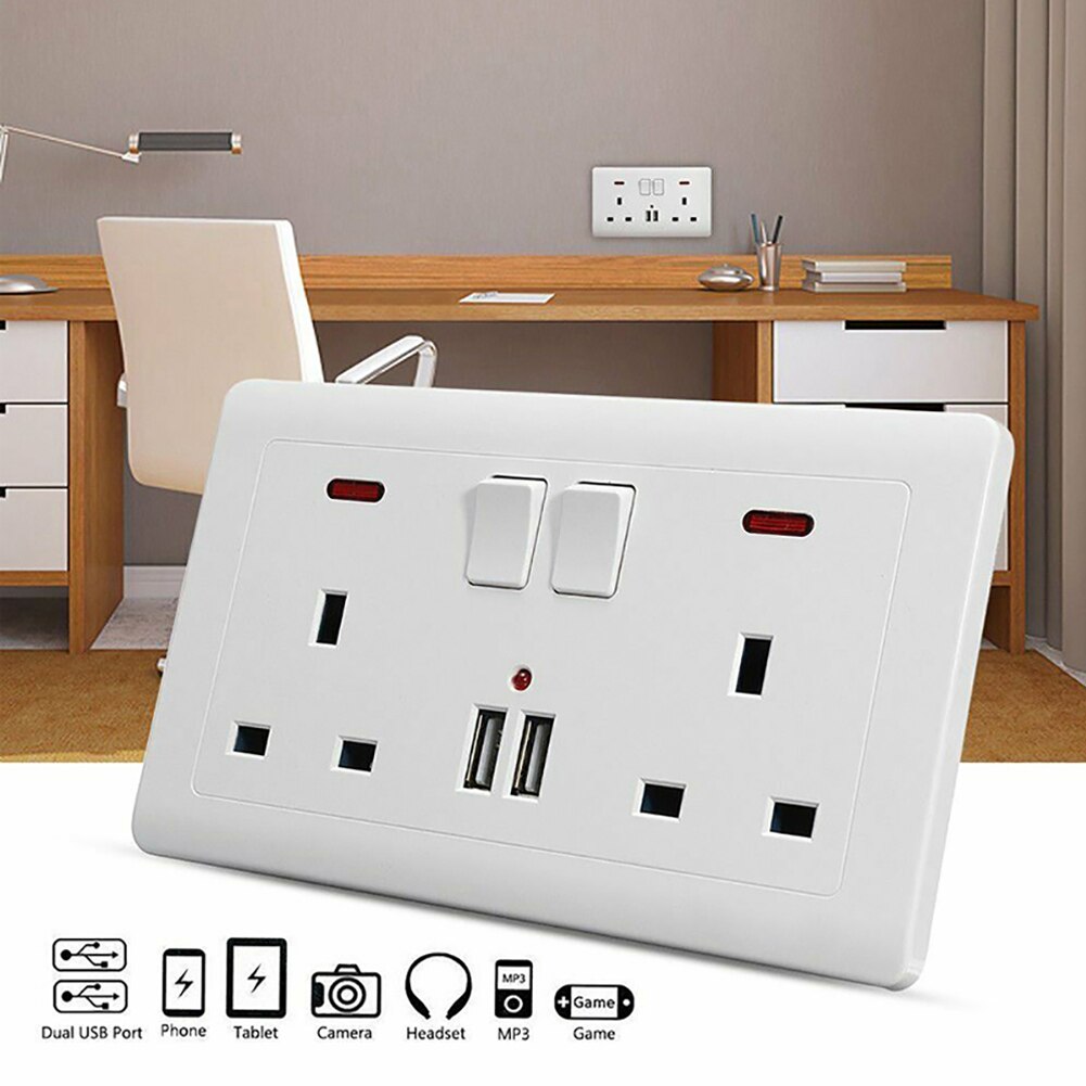 13a Double Wall Uk Plug Socket 2 Gang 13a With 2 Usb Charger Port Outlet Plate White Multifunctional Socket House Decoration