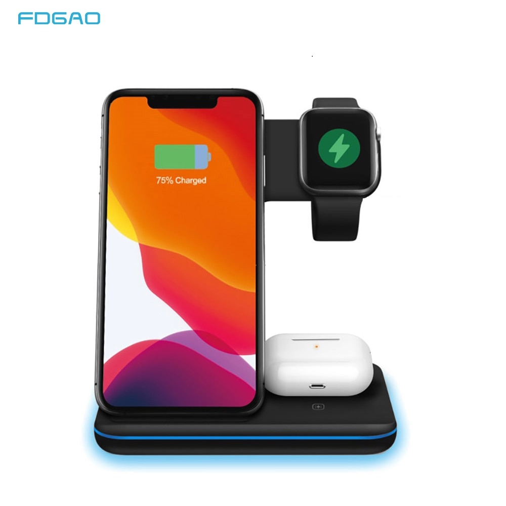 FDGAO 3 in 1 Wireless Charger Dock Station 15W Fast Charging Stand for iPhone 11 Pro X XR Xs Max Apple Watch 5 4 3 Airpods Pro