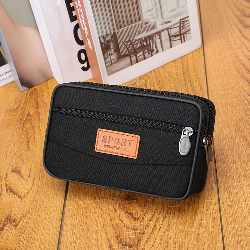 2 Stks/pak Zwart Heren Canvas Mobiele Telefoon Tas Met Grote Capaciteit, Drielaagse Rits, Waterdichte Handtas Voor Mannen
