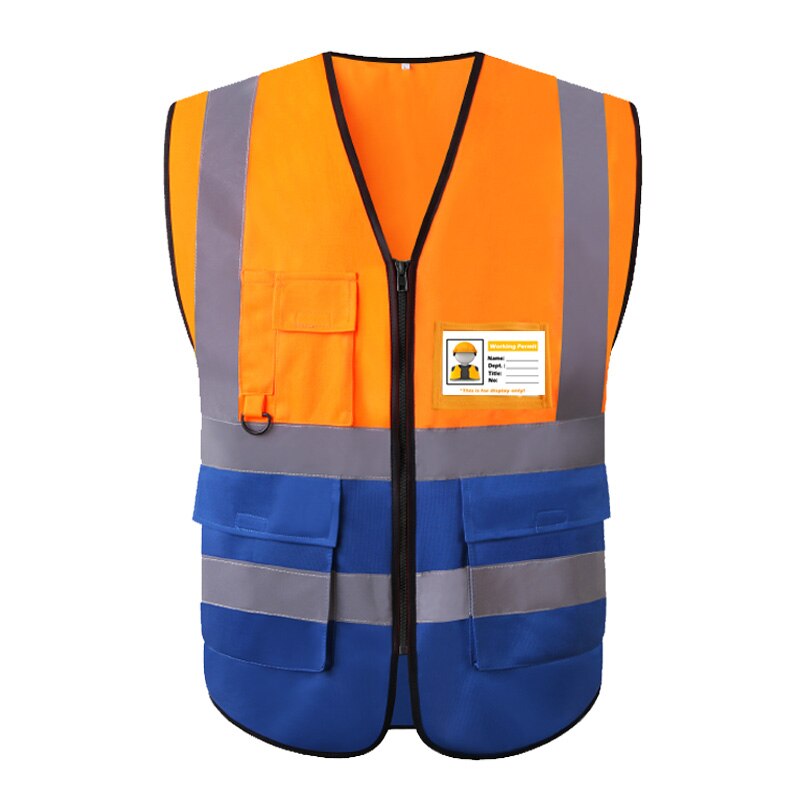 Tofarget gulblå refleksvest med glidelås og lommer hi vis sikkerhetsarbeidsvest for menn og kvinner