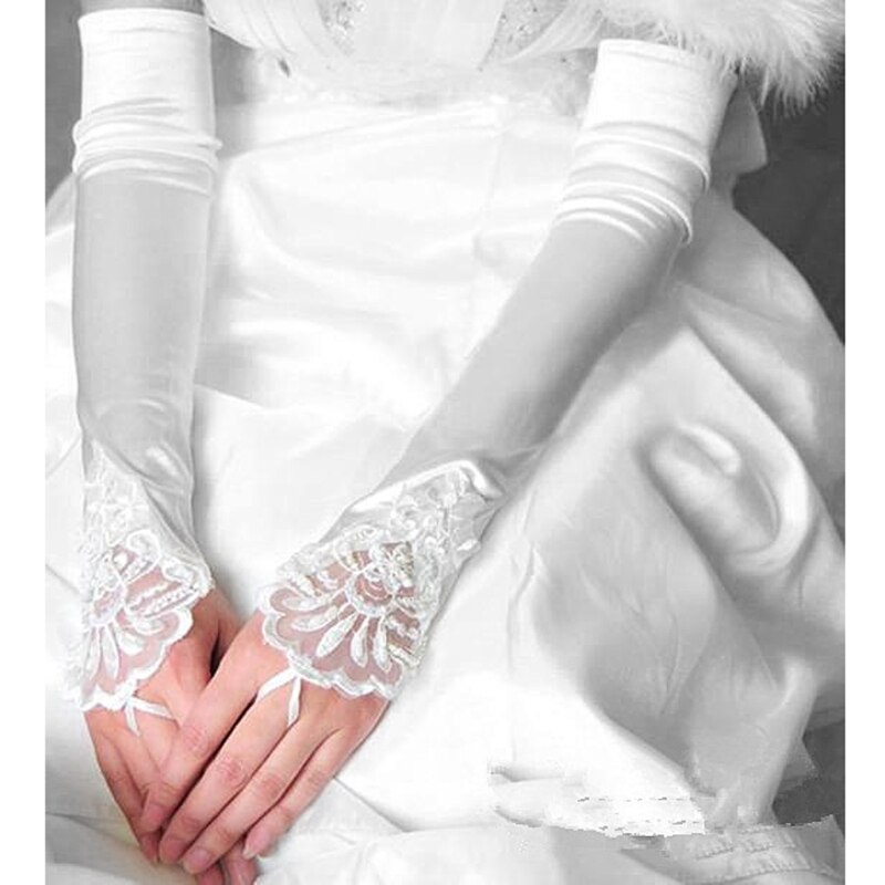 Guantes largos de Opera para mujer, accesorio de Boda nupcial, bordado sin dedos, adorno de encaje con cuentas de lentejuelas