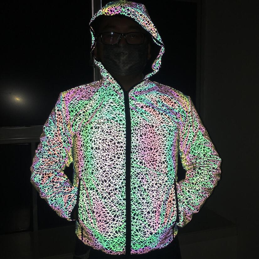 Autumn winter men personality colorful stripe reflective jacket hip hop coat women harajuku shiny reflect light chaqueta hombre