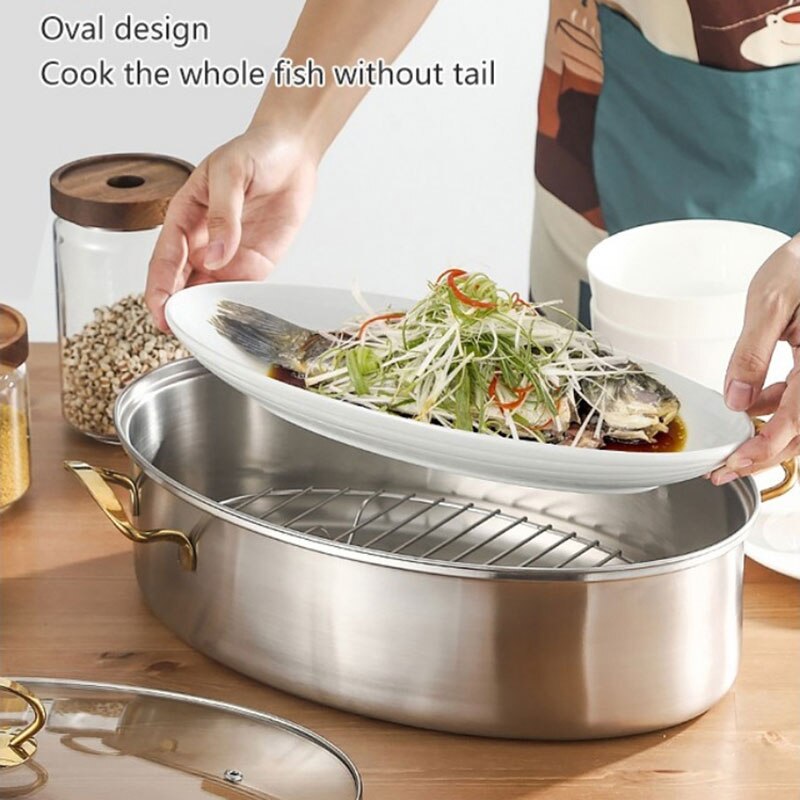 Stainless Steel Fish Steamer Multi-purpose Oval Roasting Cookware Thickened Steamed Fish Pot Glass Lid Steaming Pot Cookware
