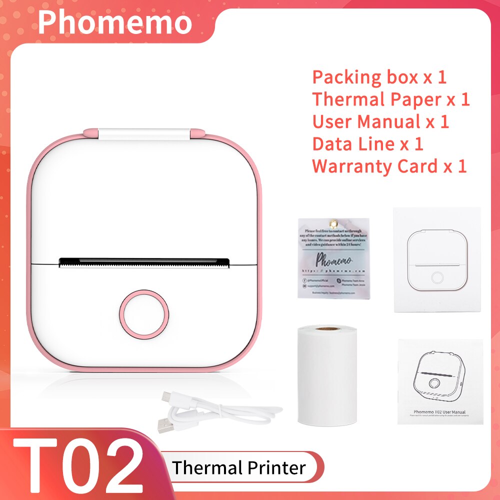 Phomemo T02 – Mini-imprimante thermique Portable sans encre, création d&#39;autocollants, sans fil, pour Journal intime et étude: Pink