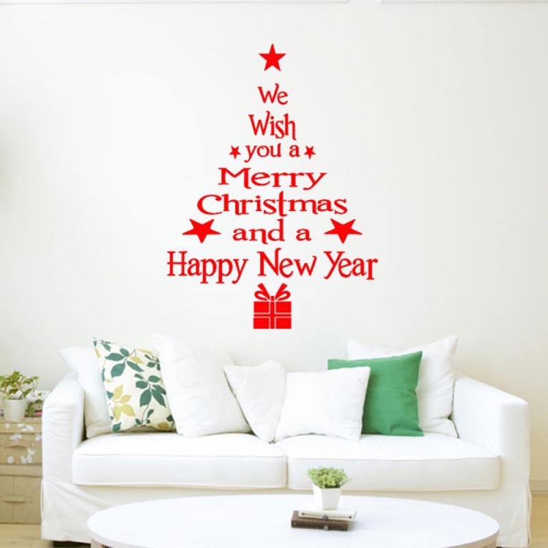 Merry Christmas Tree Wall Stickers Year Shop Window Wall Art Sticker Posters Happy Year Stars For Kids Home Decor