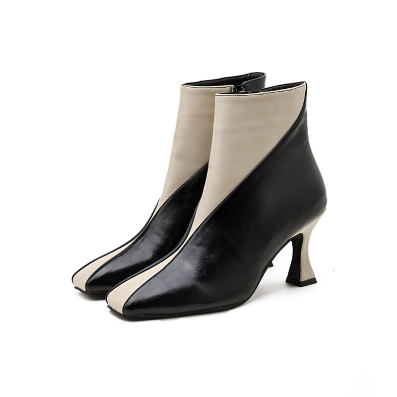 Gemengde kleuren dames enkellaarsjes vierkante neus dunne hoge hakken elegante dames herfst winter pumps zijrits schoenen vrouw: Beige / 5.5