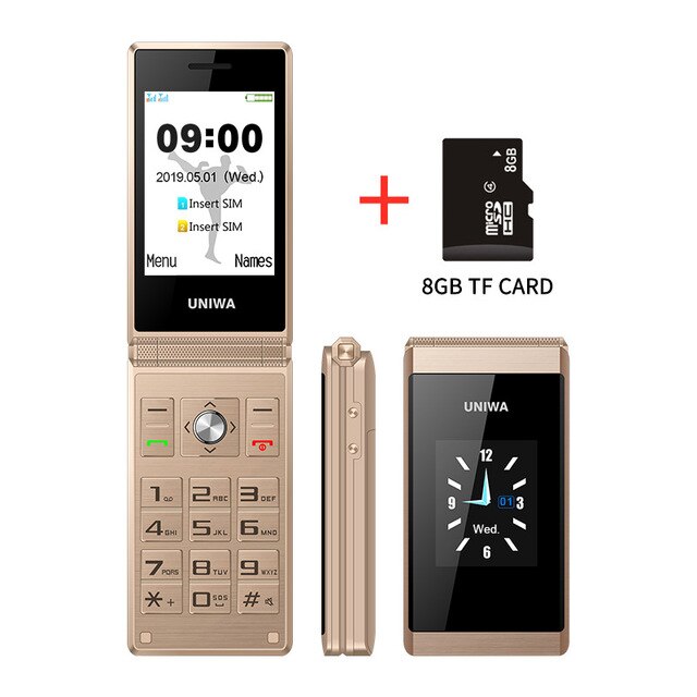Celular uniwa x28 com flip, gsm, botão grande, com rádio fm, dual sim, teclado russo celular aluno: Arabic Keyboard / Gold Add 8GB TF