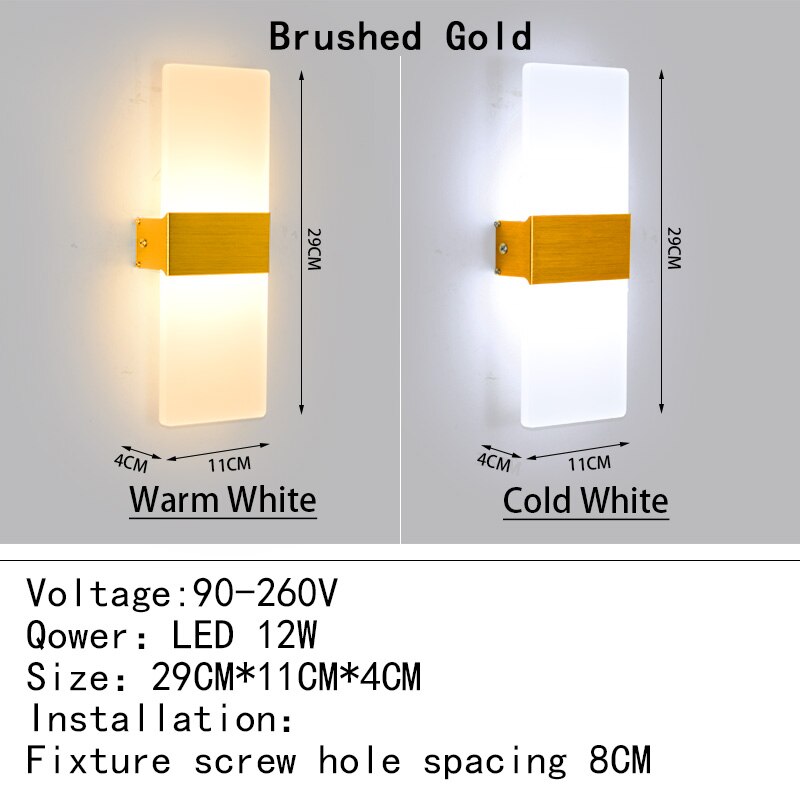 Mini 4/6/12/18W Led Acrylic Wall Lamp AC90-260V Long warm white Bedding Room Living Room Indoor wall lamp Bedroom Modern Simple: Warm White (2700-3500K) / Brushed Gold 29CM