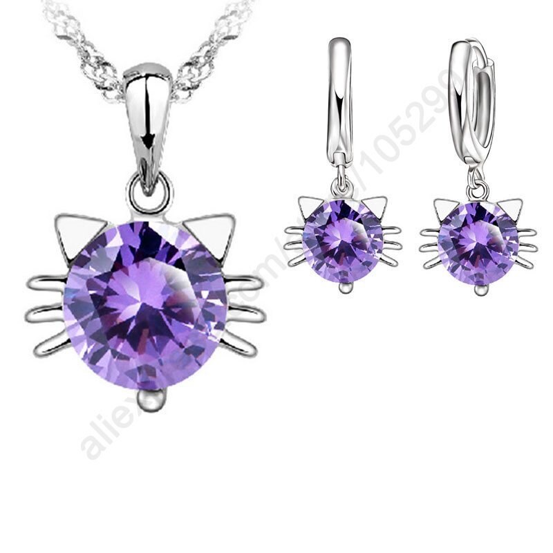 Venda quente novo genuíno 925 conjuntos de jóias de prata esterlina zircão cúbico bonito gato cabeça kitty pingente colar hoop brincos: Purple
