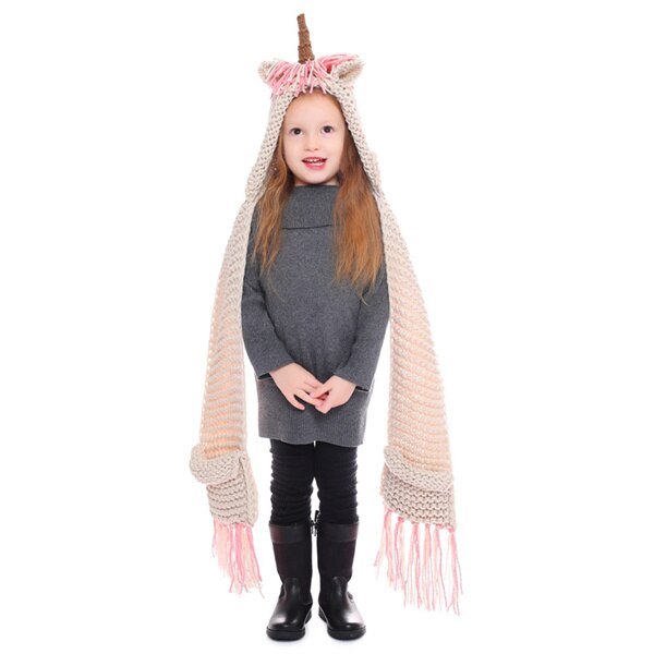 Ianlan söta unicorn hattar halsdukar små flickor vinter djur stil keps ljuddämpare med tofsar och fickor 2-12 år gammal  il00180: Rosa
