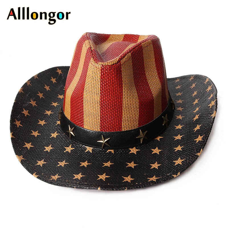 Zachodnie kowbojskie kapelusze męskie modne w paski letnie kobiety niedz kapelusz Vaquero sombrero hombre kapelusz kowbojski kraj Chapeau Homme Panama: color2