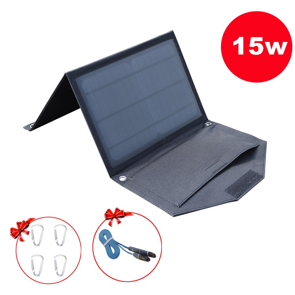 Panel solar plegable 5v 25w 15w cargador solar de teléfono móvil portátil usb para powerbank luz exterior camping senderismo mochila impermeable: 15w black