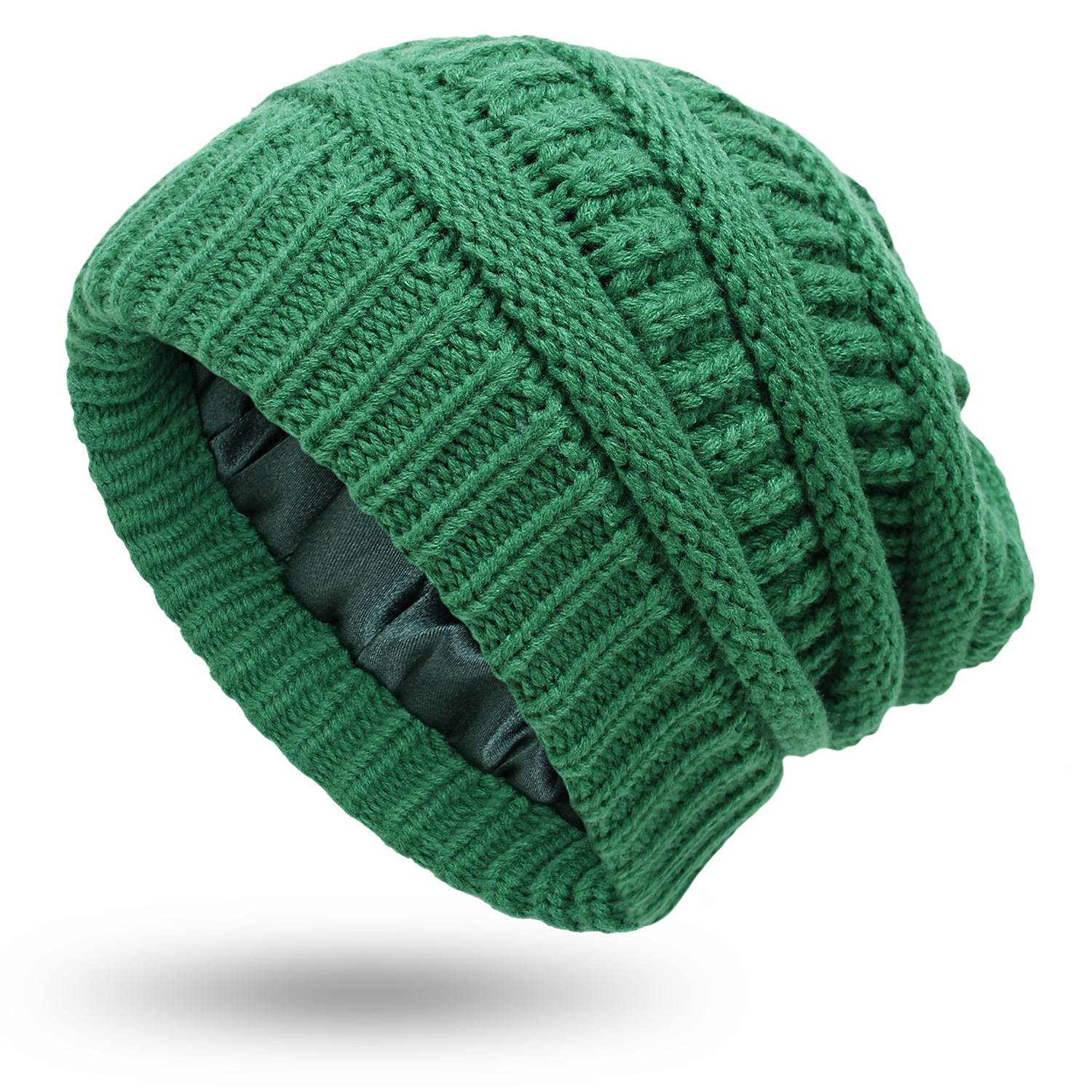 Gorro de punto cálido para mujer, gorro de punto con forro de seda satinada, gorro grueso y holgado con calavera, 9 colores, de invierno, 2022: Verde