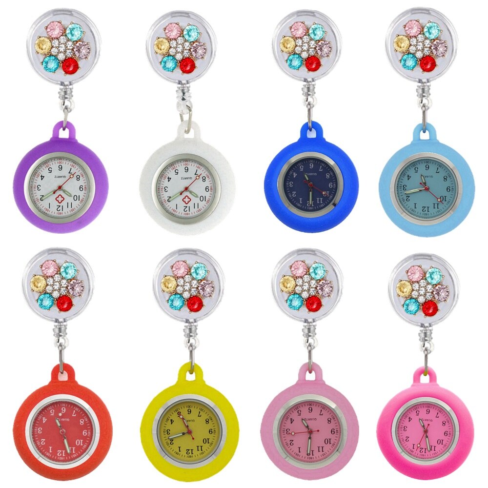 Reloj de bolsillo de silicona para enfermera y doctor, cronógrafo retráctil con piedras de cristal coloridas, para hospital