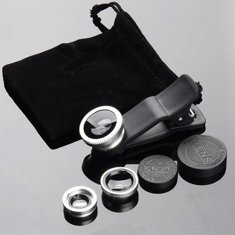 Universele 3 in 1 macro fisheye lens camera mobiele telefoon lenzen fisheye lenzen voor iphone smartphone accessoire: Zilver