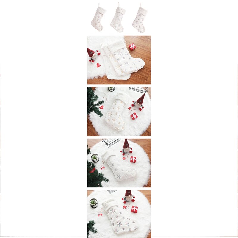 3 st snöflingor broderade vita plysch julstrumpor väska hängande öglor julgran öppen spis godis strumpor