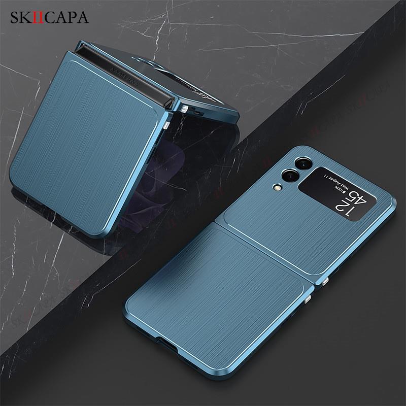 Magnetische handyhülle aus gebürstetem metall für samsung z kippen 3 5g rahmen aus aluminiumlegierung, hartschalen-schutzhülle mit schnalle für Galaxis z kippen 3 5g -f711b: Blau