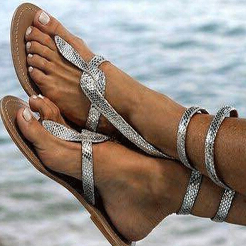 Femmes gladiateur sandales femme serpent modèle chaussures femme tongs plates dames croix liée plage chaussures grande taille