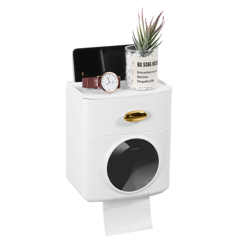 Double Layer Tissue Box Wall Mounted Toilet Paper Holder Waterproof Storage Box Mobile Phone Storage Table Bathroom Supplies: White A
