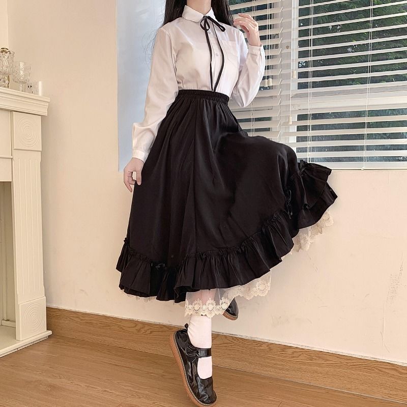 Women's Skirt Vintage French Ruffled Double Layer Half Skirt Lolita Long Skirts Women 2023 A-line Pleated Skirt