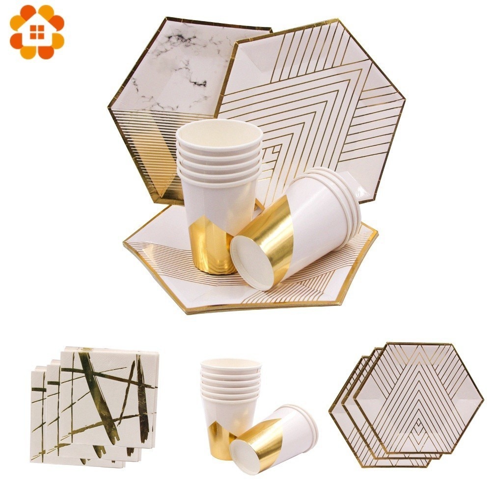 1 set vitguld marmor pappersmugg/tallrikar/servett rand engångsservis dukat bordsdekoration för bröllopsfesttillbehör