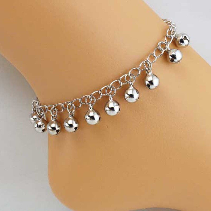 Tobilleras de plata con campanas para mujer, pulsera tobillera con pie descubierto, joyería para pies de playa,: Default Title