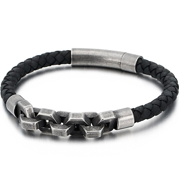 Bracelet en cuir tressé fait main de 6MM de large pour hommes en acier inoxydable 316L: Vintage Black