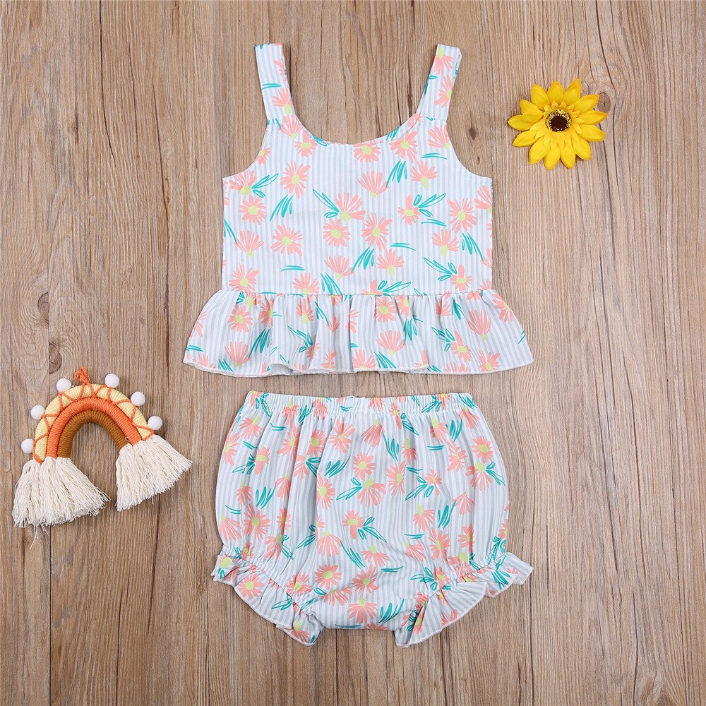 Baby Camisole + Shorts, Ruffle Decoration with Small Daisy Print Elastic Waist Summer Clothing 6M-4T
