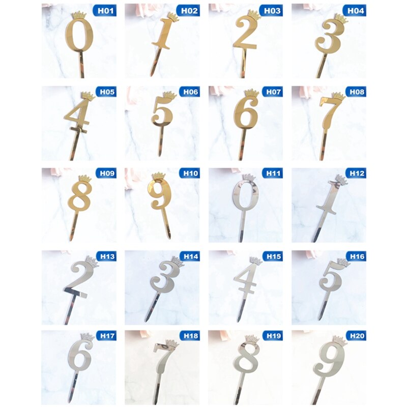 0-9 Numbers Cake Toppers Happy Birthday Cute Crown Number Cake Flag Acrylic Cupcake Topper Birthday Party Cake Decoration Topper