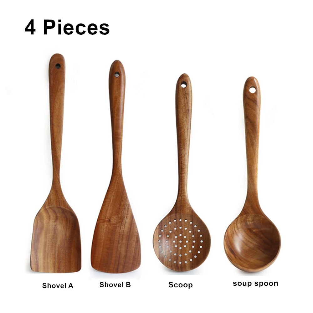 Natural Teak Wood Cooking Spatula Kitchen Utensil Set Tableware Spoon Colander Soup Skimmer Spoon Scoop Kitchen Cooking Tool Set: 4PCS