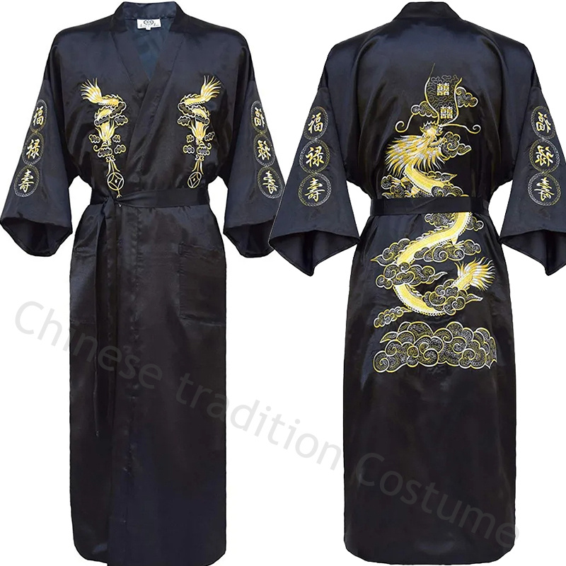 Chinese stijl gewaad klassieke borduur draak kimono man homewear lange badjas satijnen nachtjapon losse nachtkleding loungewear