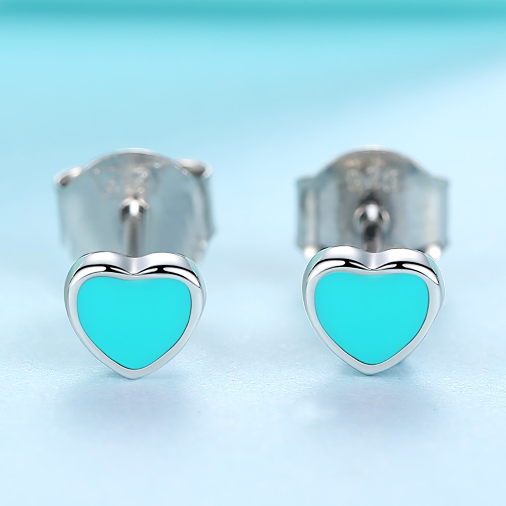 BELAWANG 925 Sterling Silver Blue Enamel Heart Push-back Stud Earrings for Women Girls Sterling-Silver-Jewelry Children Earrings