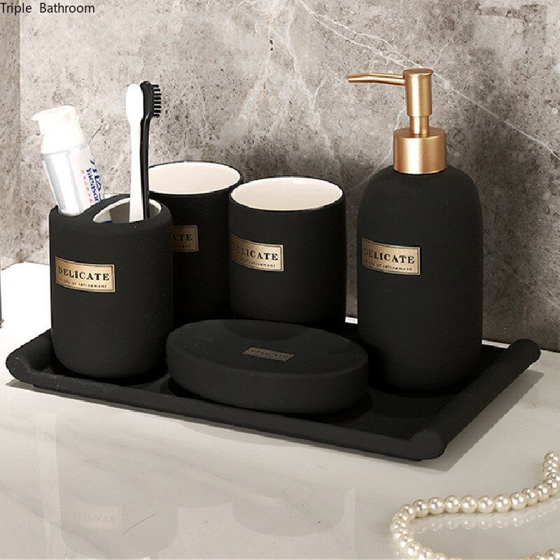 Nordic Luxe Stijl Keramische Draagbare Badkamer Accessoires Lotion Fles Zeepdispenser Mond Cup Tandenborstelhouder Zeepbakje