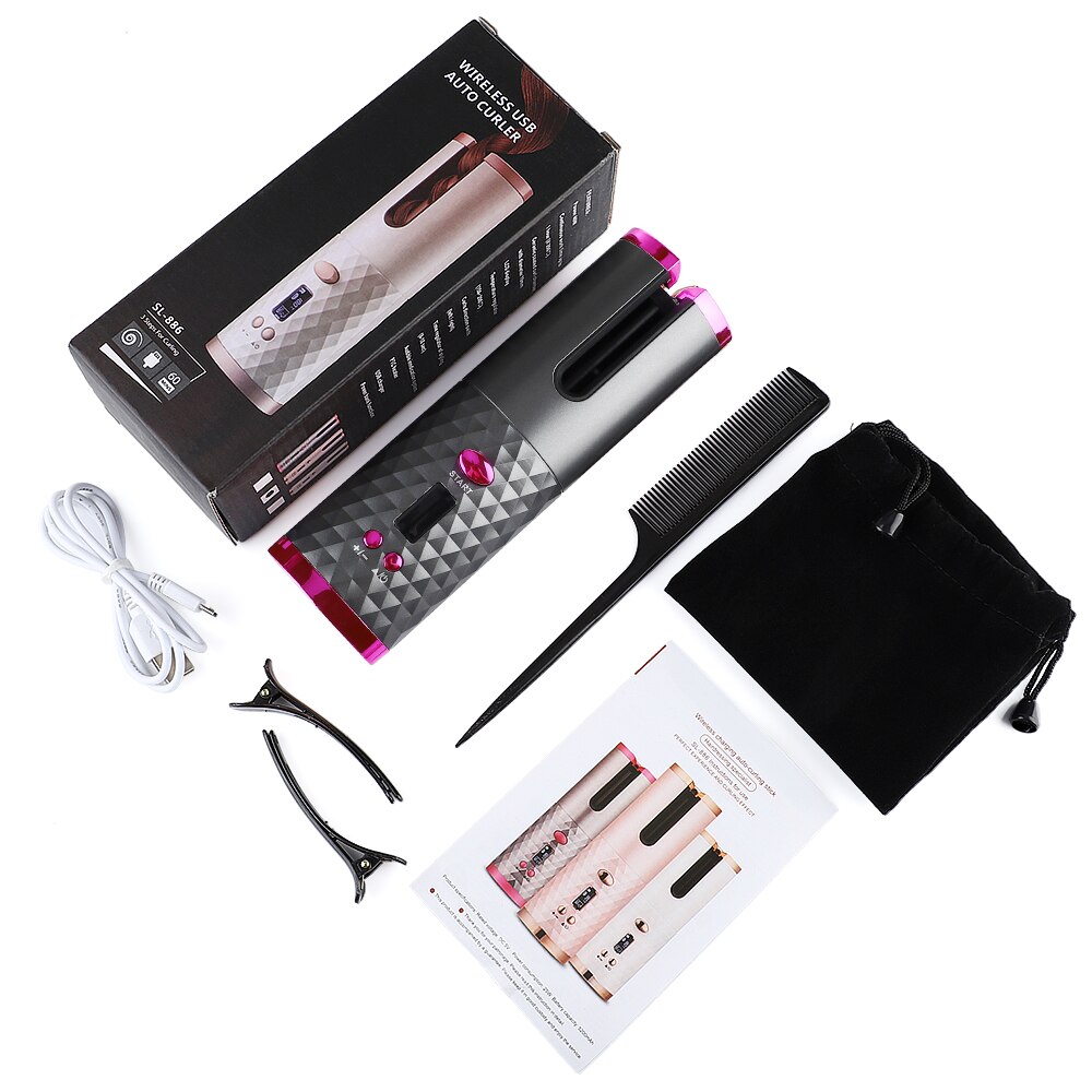 Cordless Automatic Hair Curler USB Rechargeable Curling Iron Curls Waves LCD Display Ceramic Curly Rotating Curling Wave Styer: Gray