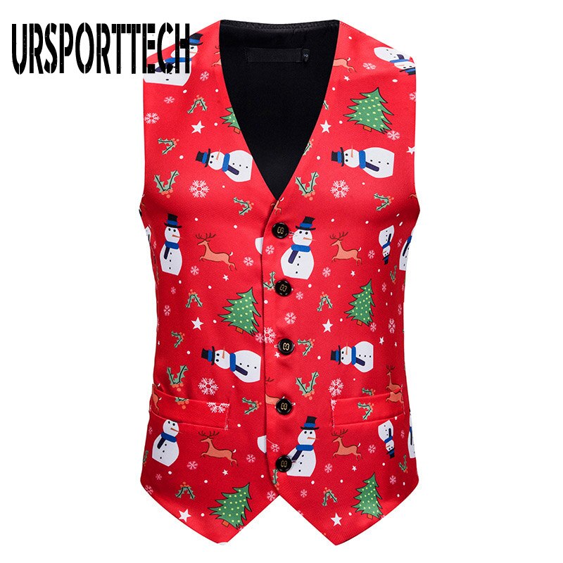 Colete de natal dos homens 2020 nova 3d impressão da árvore de natal sem mangas jaqueta masculina natal feliz navidad festa smoking coletes chaleco hombre: Red / M