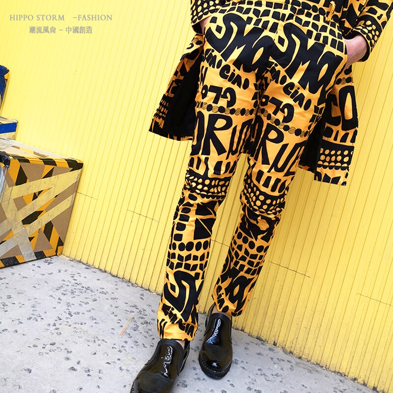 Hommes jaune lettre imprimé Floral costume pantalon Hip Hop discothèque scène chanteur DJ mâle pantalons décontractés chanteur scène: M