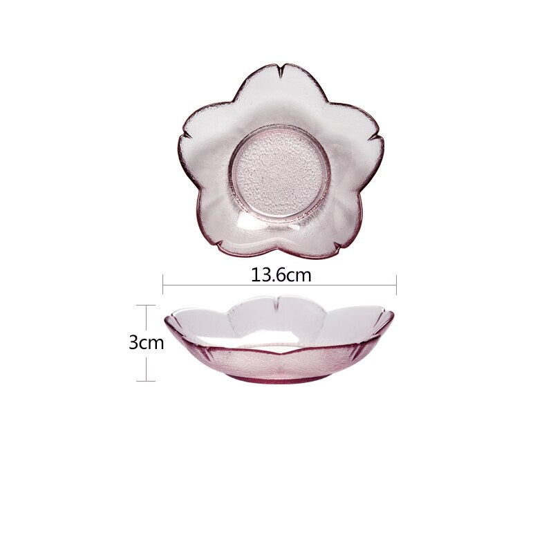 Tallerken med glasblomster, gylden kantplade, japansk kirsebærblomst lyserød glassmagsskål, underkop, snack, dessertskål: 1