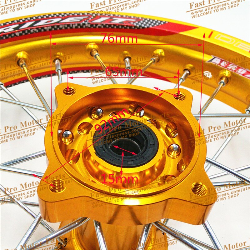 Jantes arrière 1.85x14 pouces en alliage d'aluminium | Jantes plaques de disque, moyeu en forme de en or, 14 "32 rayons, pour les pièces de rechange, pit bike