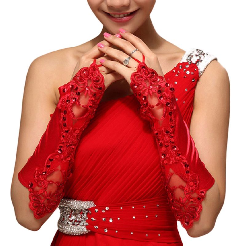 1 par de guantes largos de novia para mujer, sin dedos, bordados, encaje, lentejuelas brillantes, Color sólido, longitud del codo, mitones, gancho para el dedo