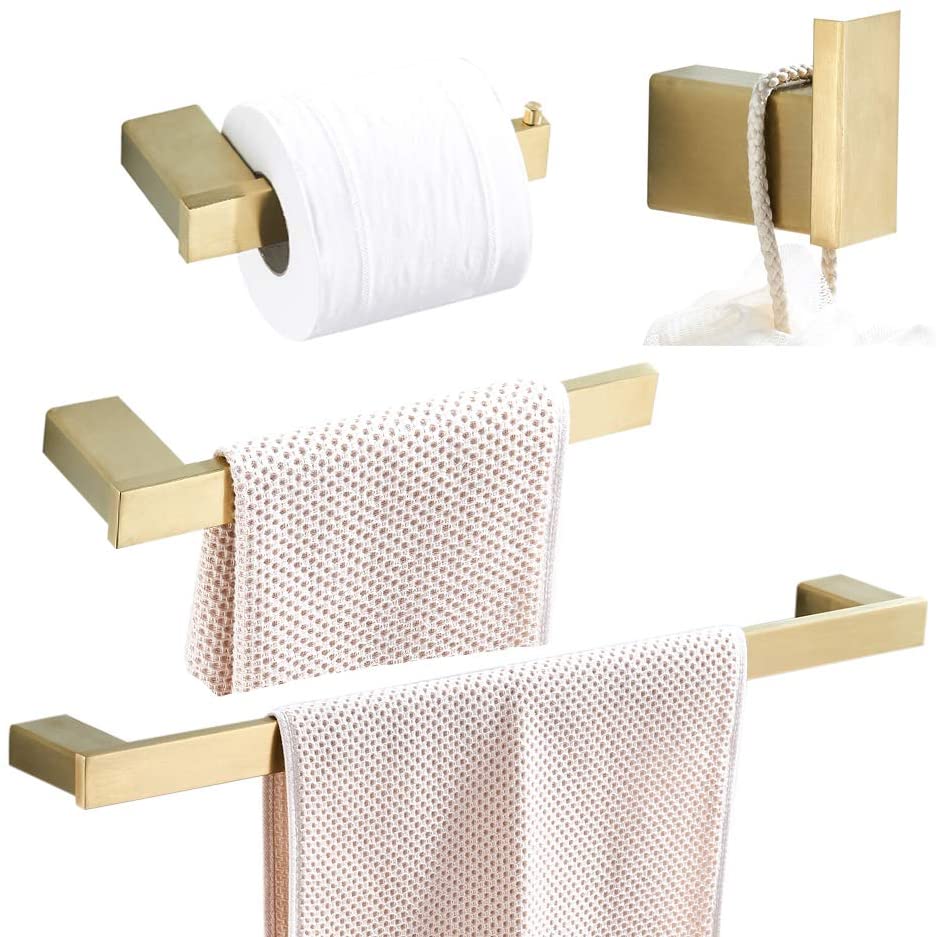 Juego de accesorios de baño con acabado dorado cepillado, gancho para toalla, soporte para papel higiénico, anillo para toalla, barra de acero inoxidable montada en la pared