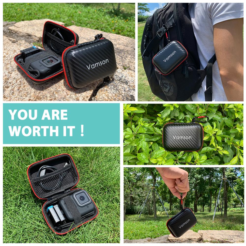 Vamson tilbehørssæt til gopro hero 10 9 sort mini bæretaske hærdet glas skærmbeskytter ærmesnor til go pro 9